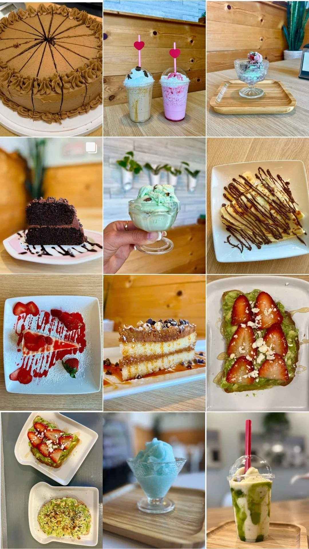 A collage of various desserts and drinks, including a caramel cake, milkshakes with heart-shaped decorations, a glass of ice cream, a slice of chocolate cake, green ice cream, banana pudding, strawberry salad, layered cake, strawberry toppings, crushed pistachios, shaved ice, and a matcha green tea frappe.
