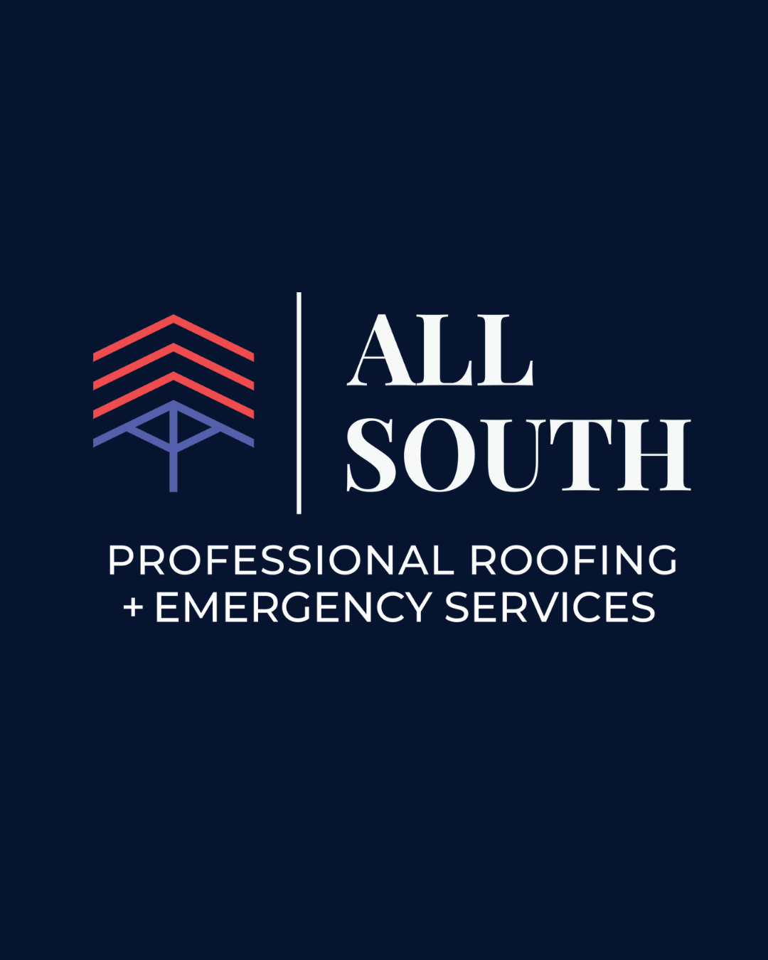 Logo for All South Professional Roofing and Emergency Services featuring a stylized roof icon, with text indicating services offered.