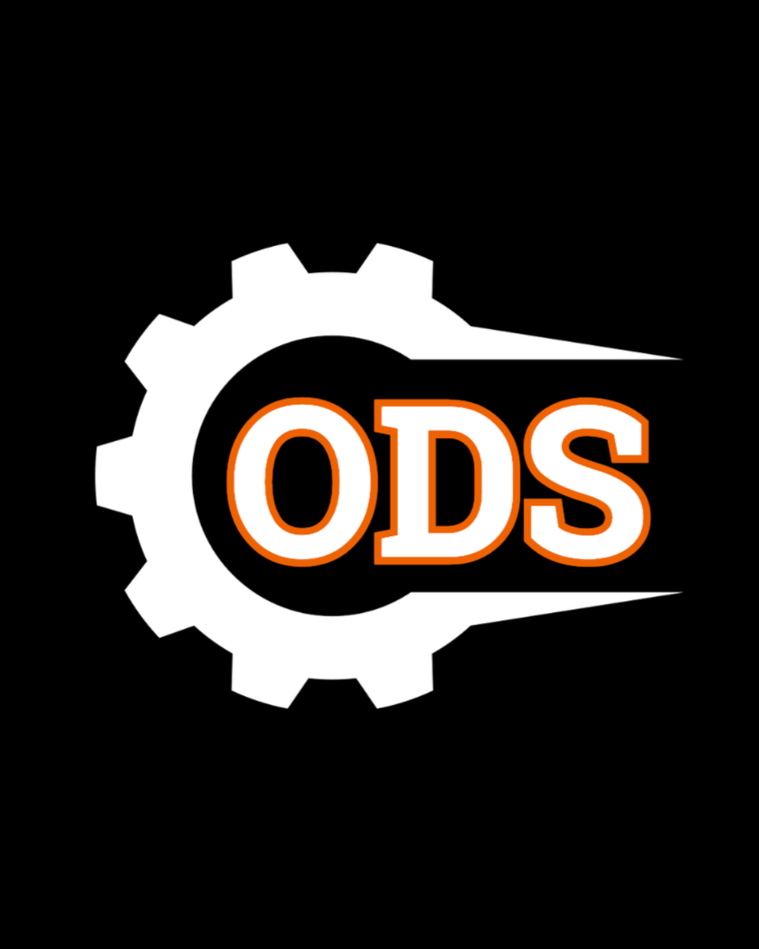 Logo with a gear shape and the letters 'ODS' in bold orange and white, with lines extending from the gear, set against a black background.
