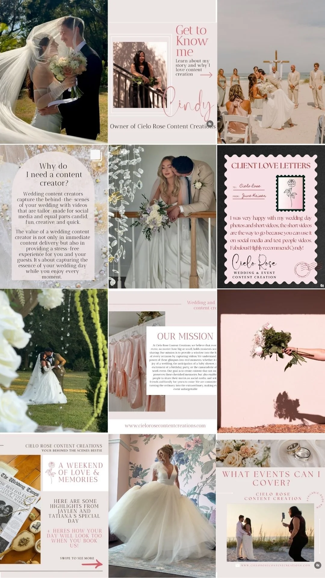 Collage of wedding and event planning images, including couples, wedding ceremonies, bouquets, and event decor, with text about content creation services by Cielo Rose Content Creations.