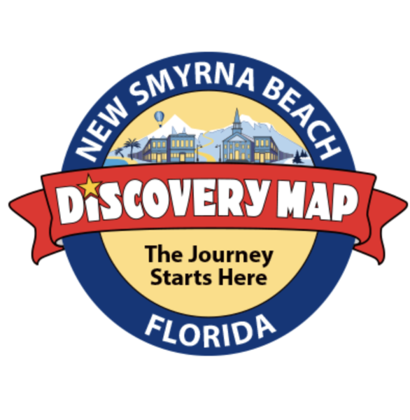 Logo for New Smyrna Beach discovery map in Florida featuring lighthouse, buildings, and palm trees with the tagline 'The Journey Starts Here'.