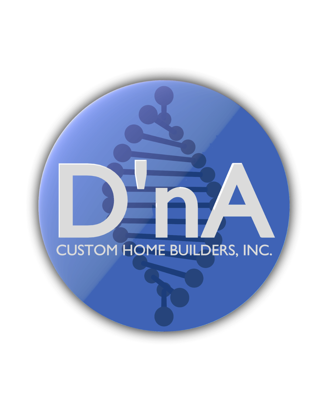 Logo with a DNA strand background and text 'D'nA' and 'Custom Home Builders, Inc.'