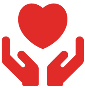 Two red hands holding a red heart above them