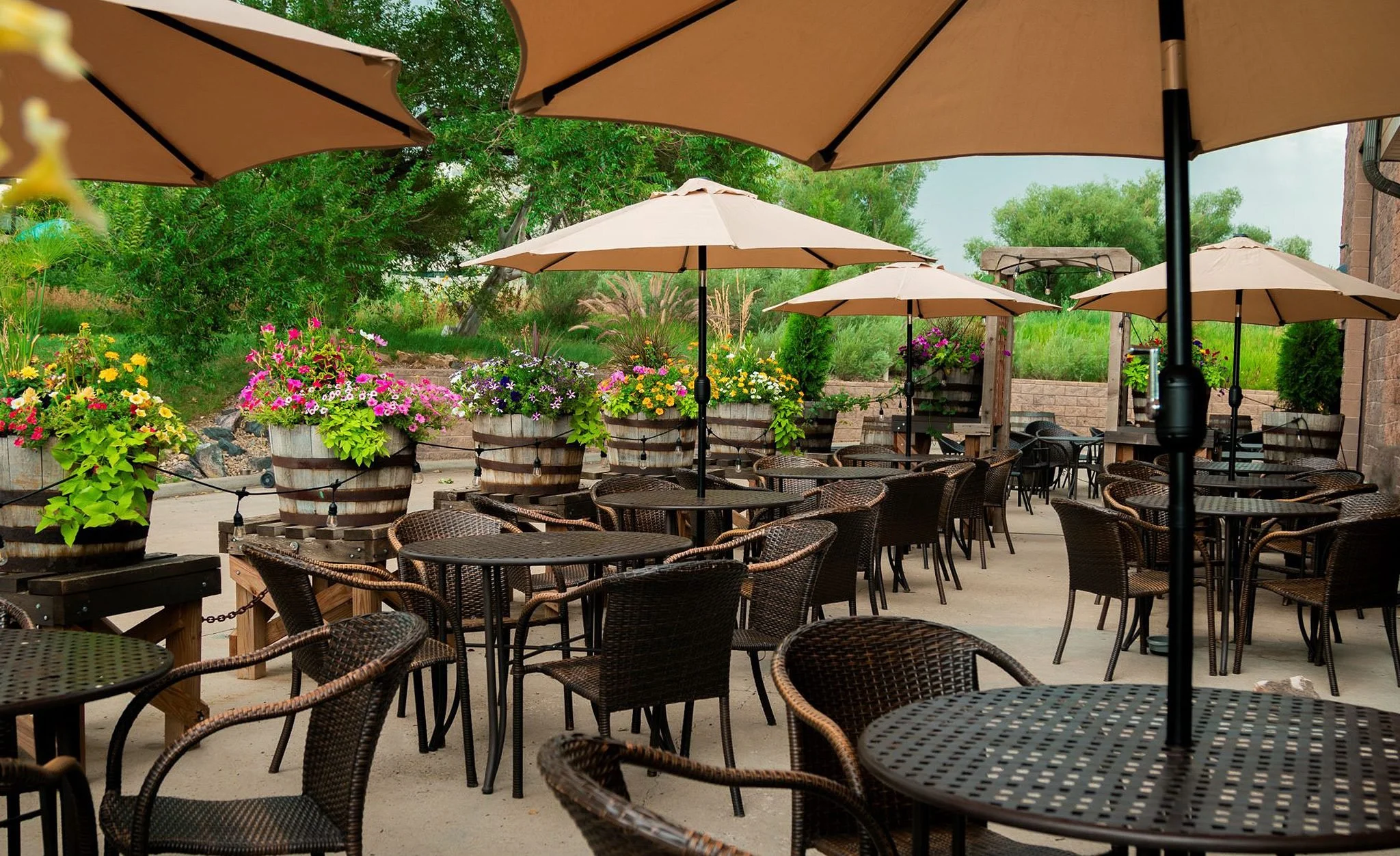 Outdoor patio seating area with round black tables, woven chairs, beige umbrellas, potted flowers, trees, and a brick building.