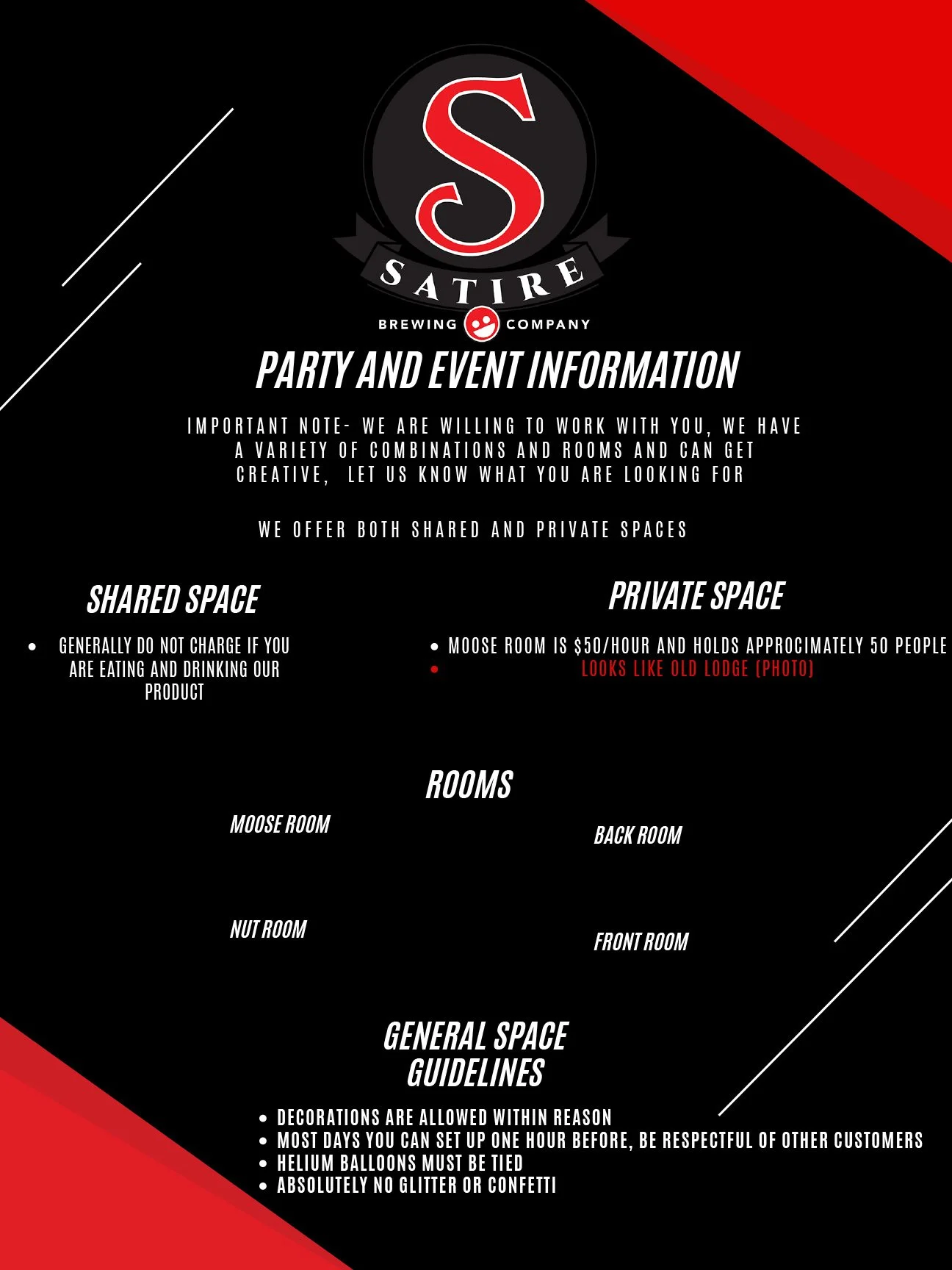 Party and event information for Satire Brewing Company, including details about shared and private spaces, rooms available, and general space guidelines.