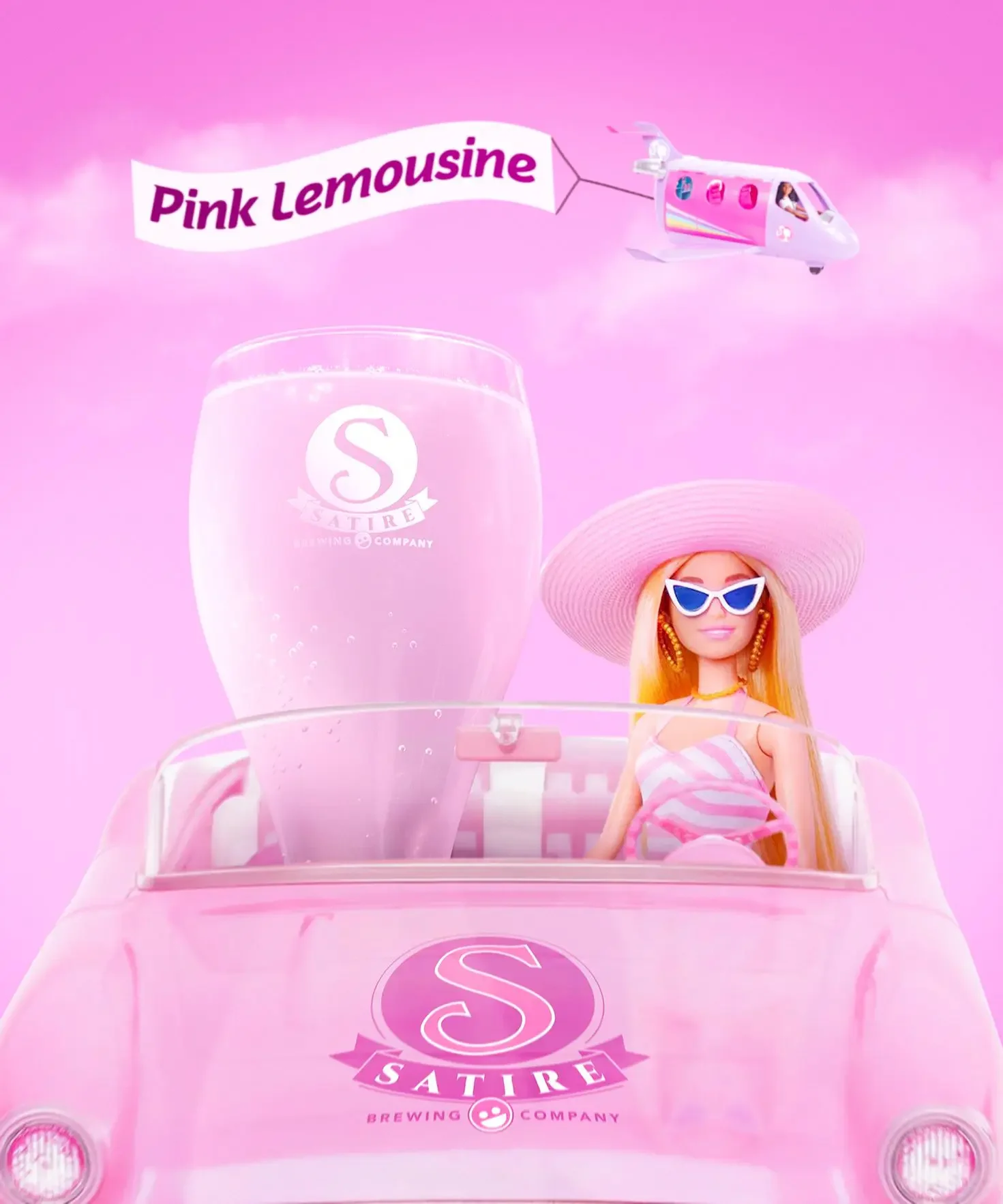 Barbie doll in a pink convertible car, wearing large white sunglasses and a pink and white striped dress, in front of a pink background with a helicopter flying above. The helicopter has a banner that reads 'Pink Lemousine.'