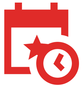 Red calendar icon with a star and a clock overlay.
