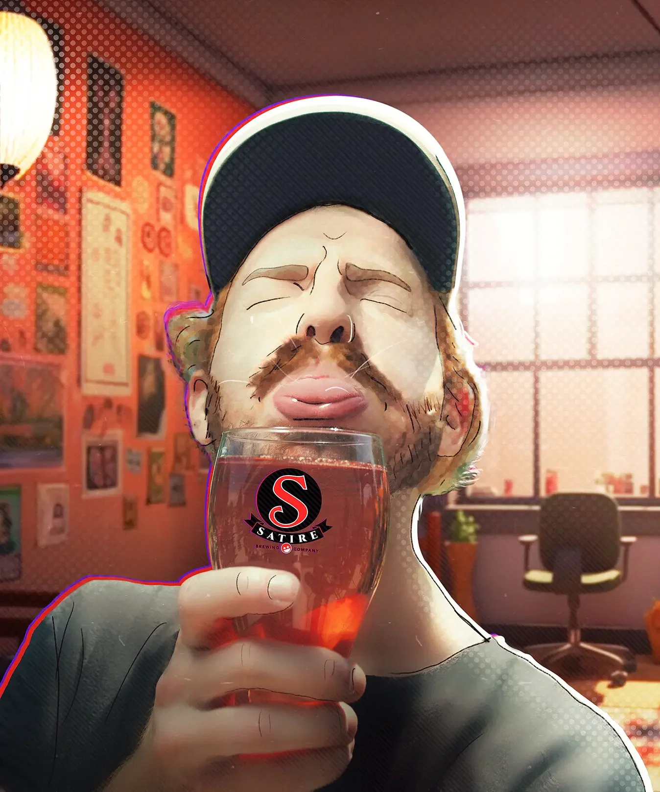 A person with a beard and mustache holding a glass of beer in a bar or pub setting. The person is wearing a cap and has their eyes closed, making a facial expression suggestive of savoring the drink. The background shows wall decor and an office chai