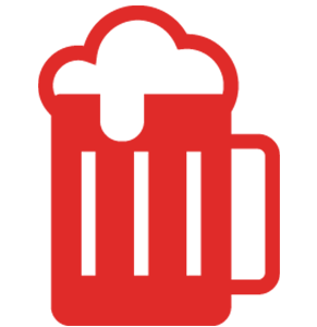 A stylized image of a beer mug with foam on top, outlined in black and filled with red.