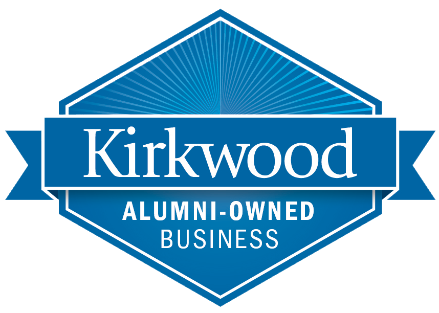 Kirkwood alumni-owned business badge with a blue geometric border and white text.