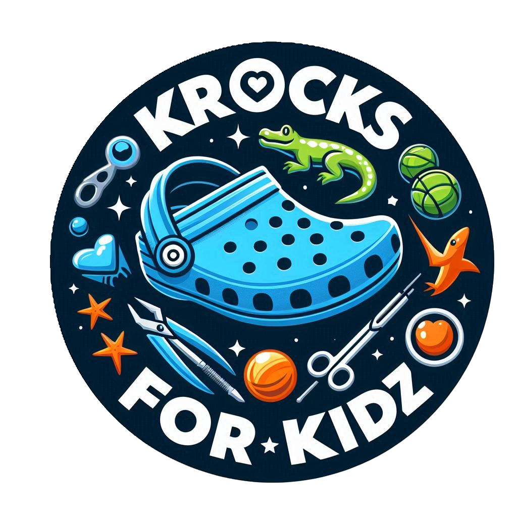 A circular logo with the words 'KROCKS FOR KIDS' surrounding a large blue Croc shoe, along with illustrations of a lizard, watermelon slices, a fish, a heart, stars, and scissors, emphasizing a playful theme.