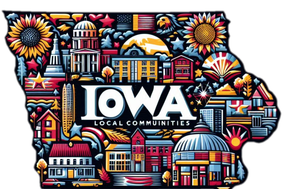 Colorful illustration of Iowa with landmarks, buildings, and symbols representing local communities, including sunflowers, cityscapes, and state capitol building.
