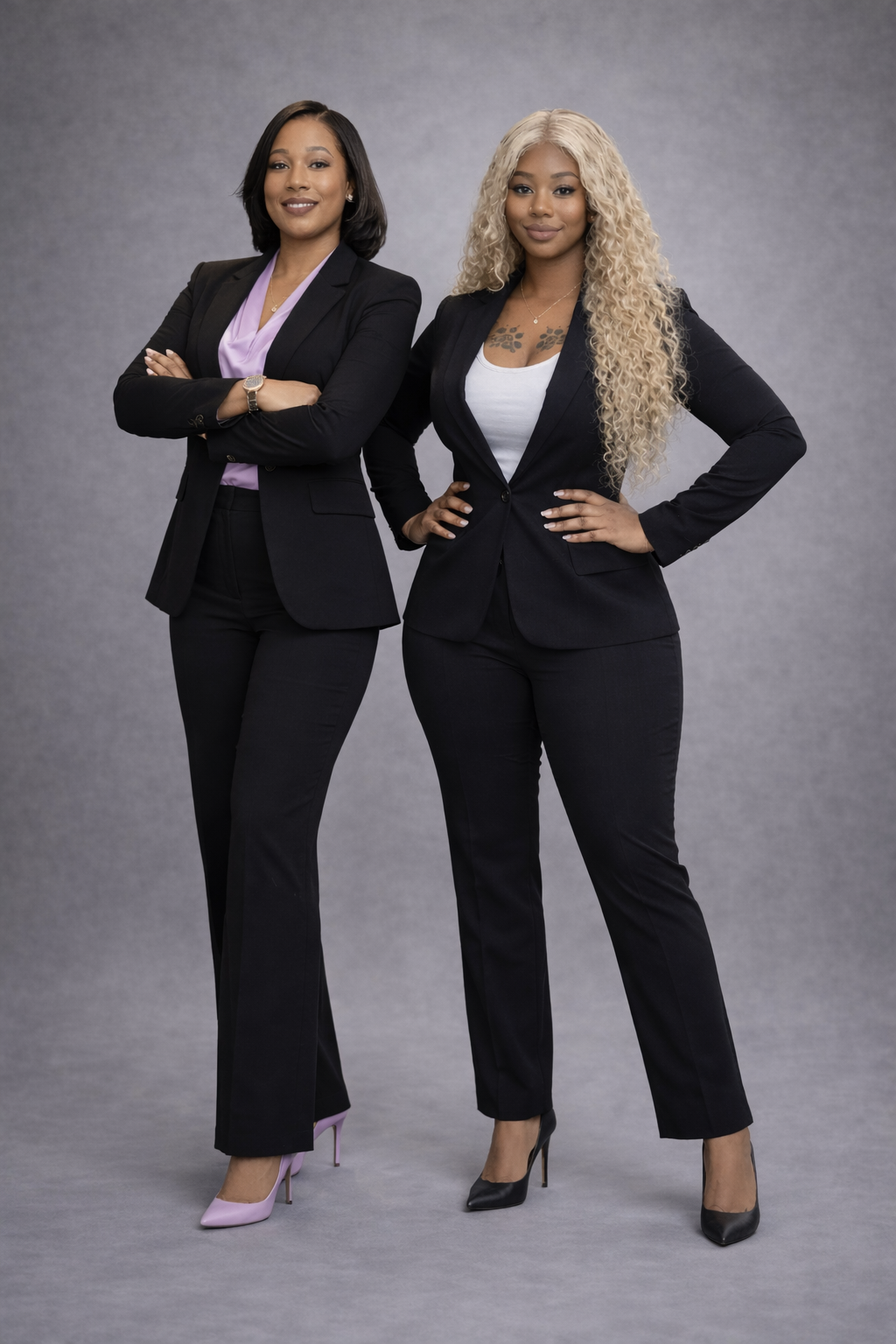 Two confident women in black business suits stand against a gray studio background.
