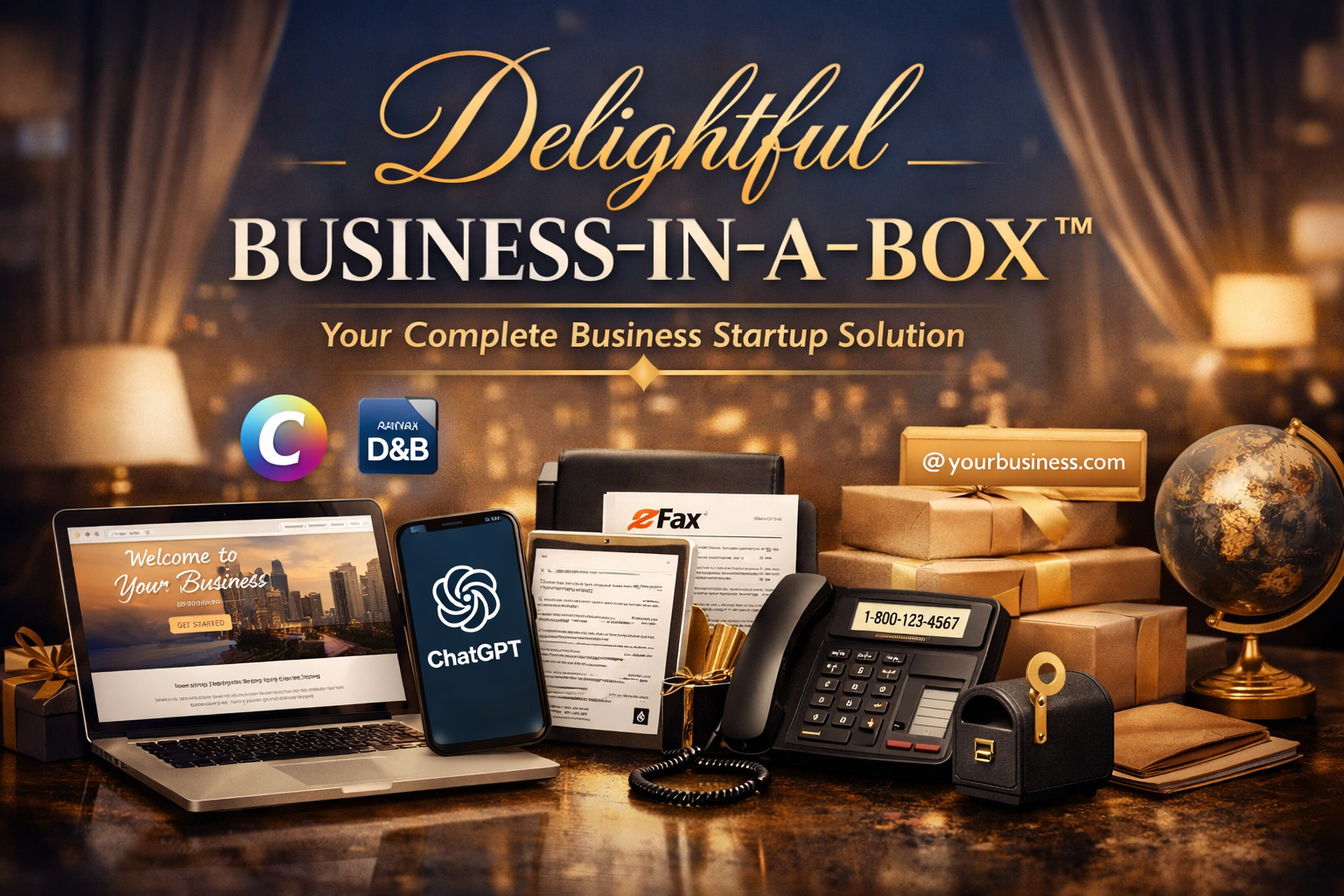 Marketing image showcasing a business startup kit with a laptop displaying a cityscape and 'Welcome to Your Business', a smartphone showing the ChatGPT logo, a folder with documents, a desk phone with a number, wrapped gift boxes, a globe, and business branding elements with the caption 'Delightful Business-in-a-Box: Your Complete Business Startup Solution'.