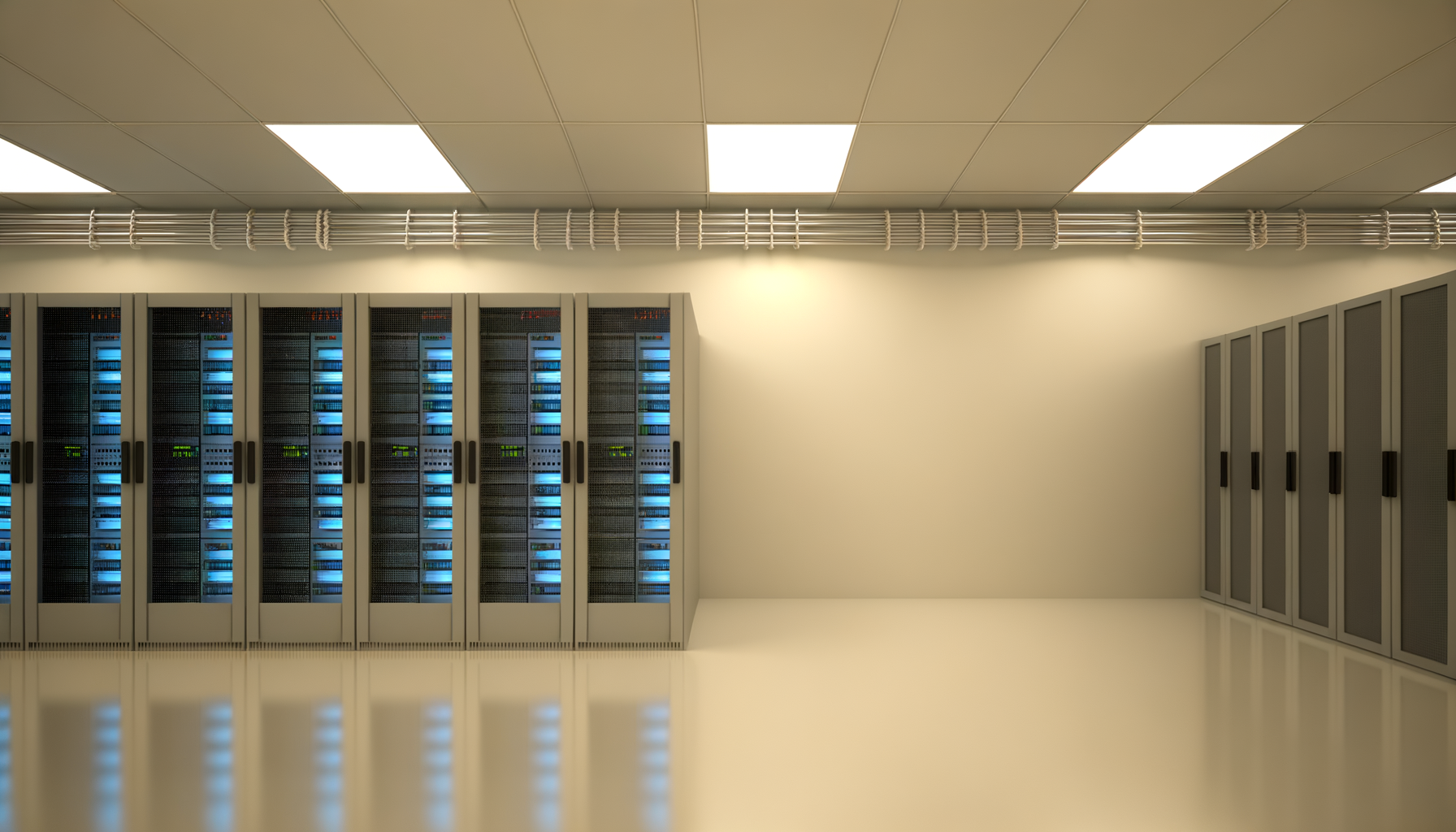 Server room with multiple server racks with blue and green indicator lights, beige walls, and a smooth reflective floor.