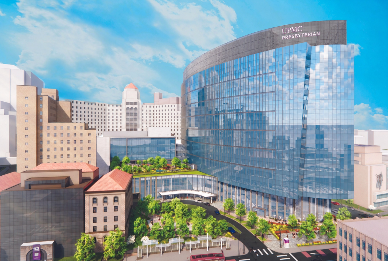 Architectural rendering of the future UPMC Presbyterian building, with the UPMC Presbyterian sign on its curved upper facade.