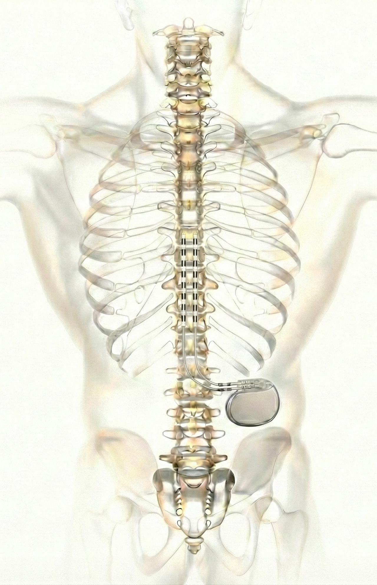 Posterior anatomical illustration of spinal cord stimulation leads positioned along the thoracic spine and connected to an implanted pulse generator in the flank.