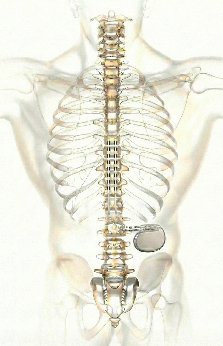 Posterior anatomical illustration of spinal cord stimulation leads positioned along the thoracic spine and connected to an implanted pulse generator in the flank.