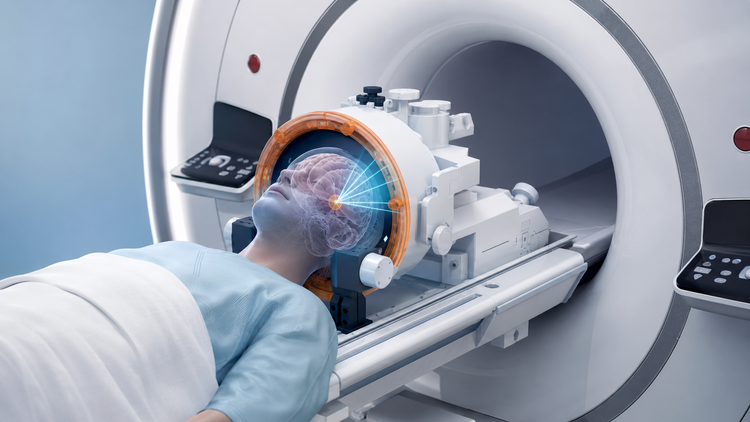 MR-guided focused ultrasound: many ultrasound beams converging through the intact skull onto a deep brain target in a patient positioned in the MRI scanner.
