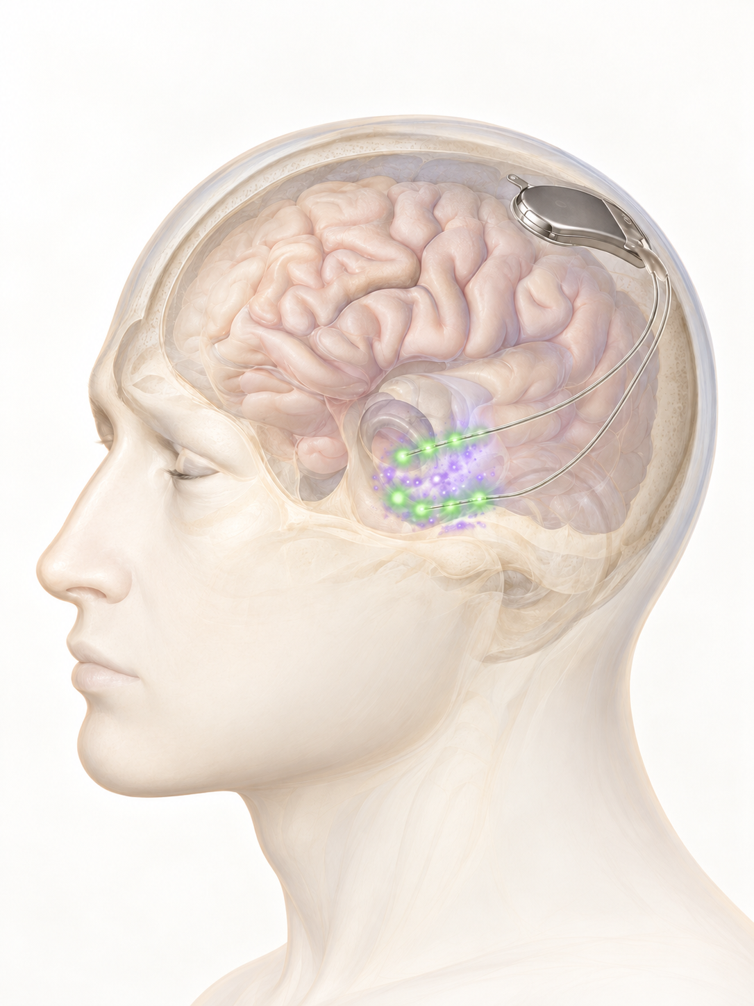 Illustration of a responsive neurostimulation device in the skull with leads placed in the brain