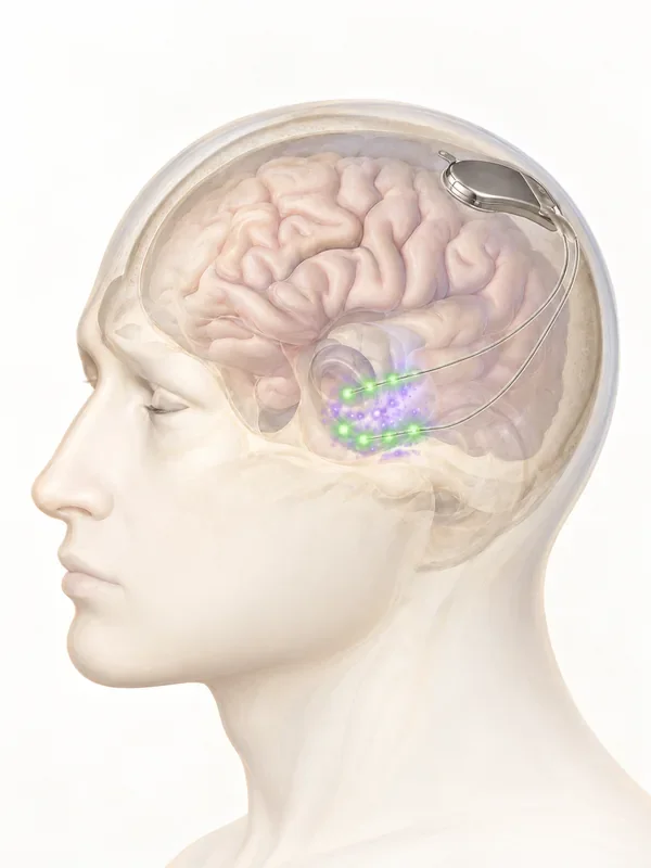Anatomical illustration of a responsive neurostimulation (RNS) device placed in the skull, with leads reaching the brain regions where seizures begin.