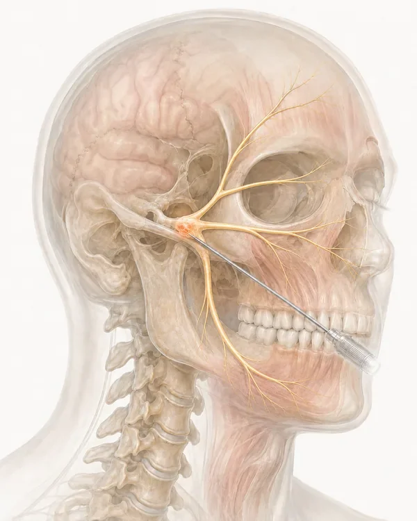Percutaneous radiofrequency ablation for trigeminal neuralgia: a needle electrode advanced through the cheek to the trigeminal ganglion at the skull base.