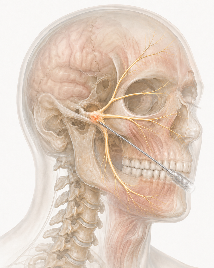Percutaneous radiofrequency ablation for trigeminal neuralgia: a needle electrode advanced through the cheek to the trigeminal ganglion at the skull base.