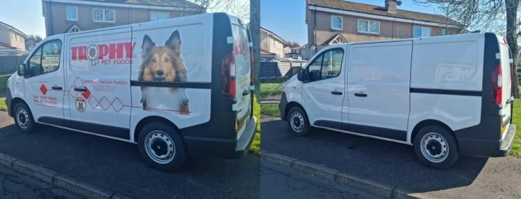 Side and rear views of a white delivery van with branding for Troph PET FOOD, featuring a large photo of a dog on the side.