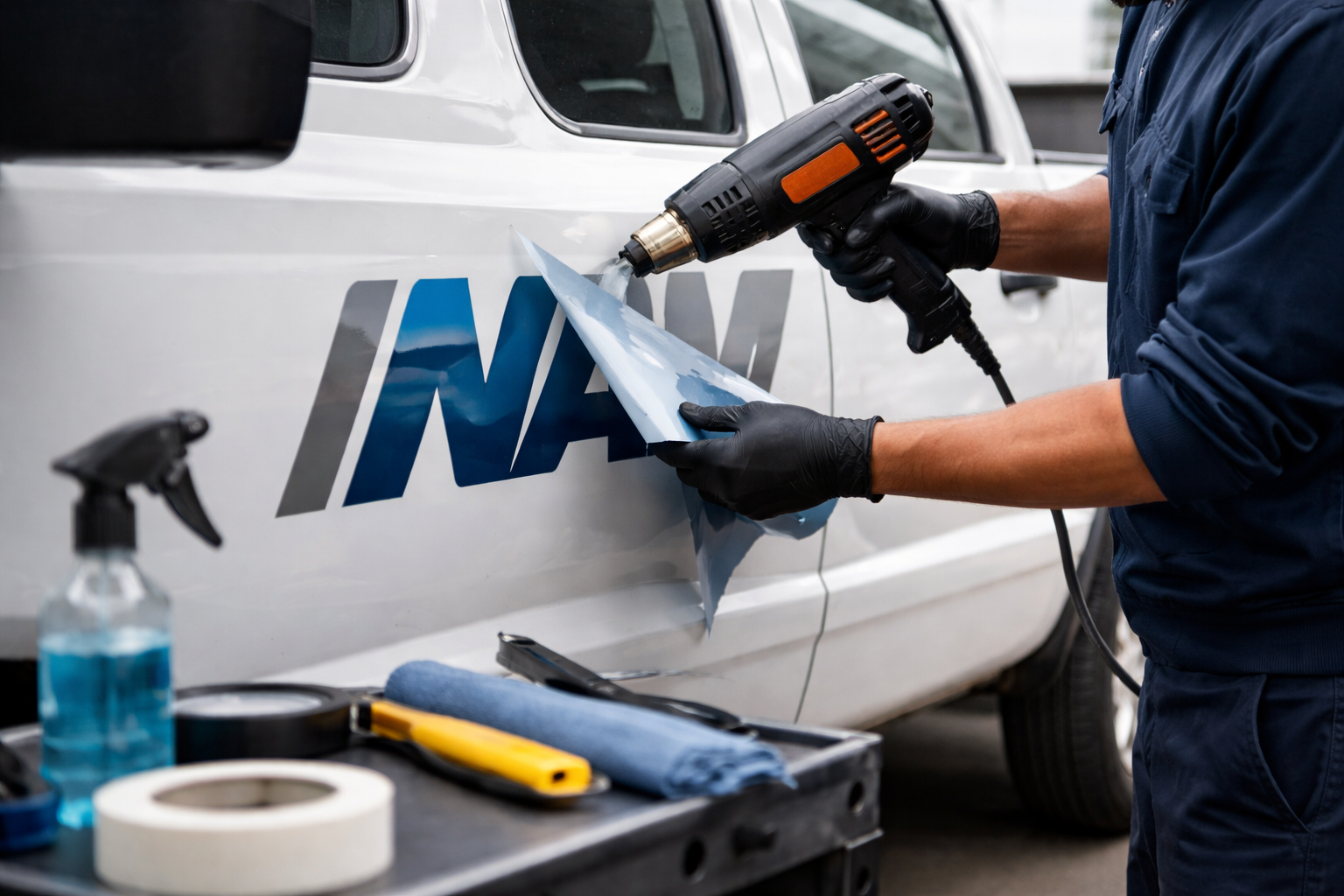 Person applying a vinyl decal to a white vehicle using a heat gun, with tools and cleaning supplies on a work table nearby.