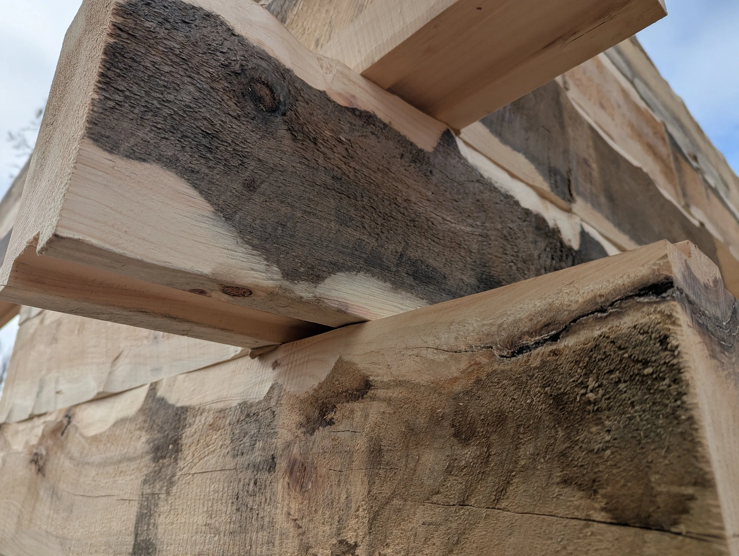 Close-up view of stacked wooden beams, some with darkened and weathered areas, outdoors against a blue sky.