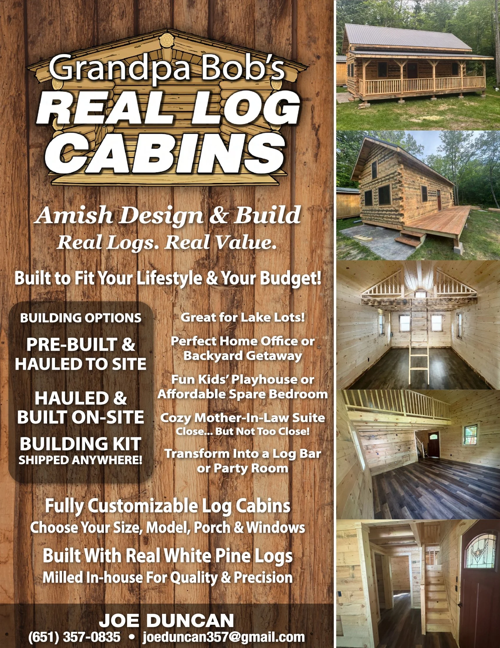 Flyer for Grandpa Bob's Real Log Cabins featuring images of log cabins and interior woodwork, with details about custom log cabin construction and contact information.