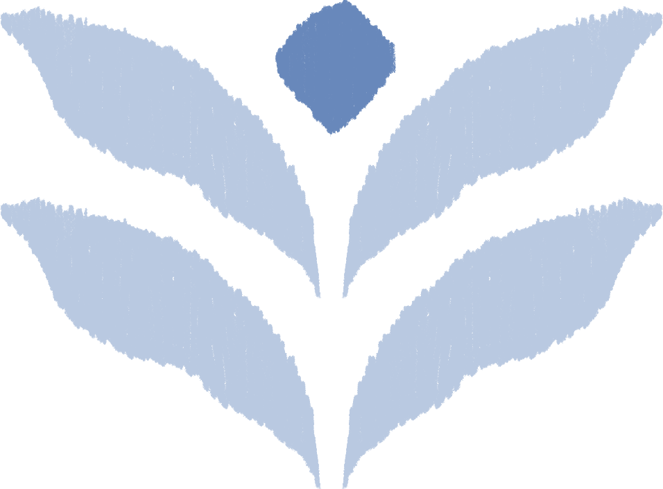 Light blue stylized leaf design with a smaller leaf at the top and multiple larger leaves below, set against a black background.