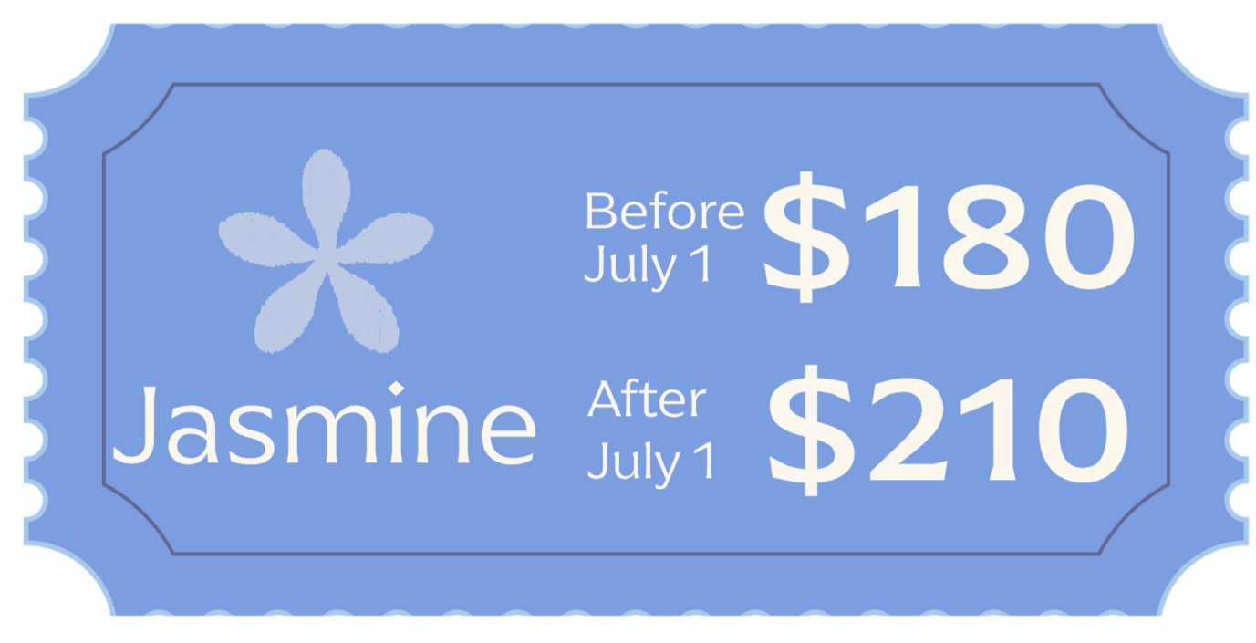 A blue flower-shaped ticket with pricing information for jasmine. Before July 1, the price was $180; after July 1, the price is $210.