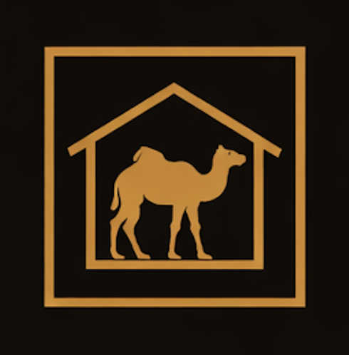 A logo with a camel inside a house outline in gold and black.