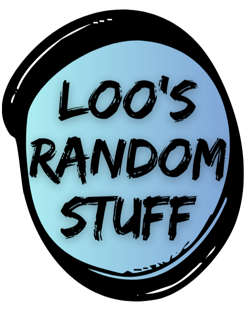 A blue circle with black text that reads "LOO'S RANDOM STUFF" on a black background.