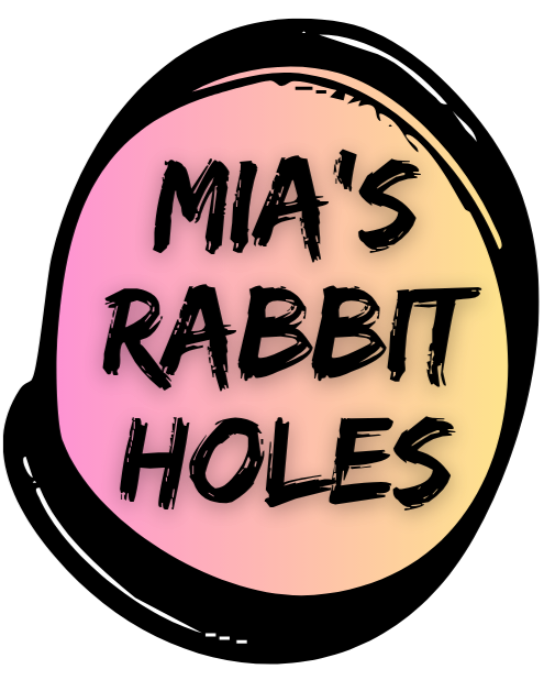Colorful gradient circle with the text "Mia's Rabbit Holes" in black, bold, handwritten font on a black background.