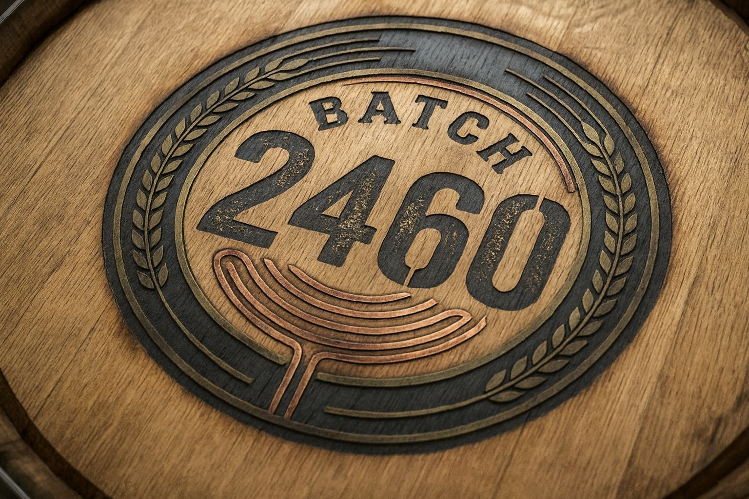 Decorative wood sign with the words 'Batch 2460' and a stylized coffee cup design.