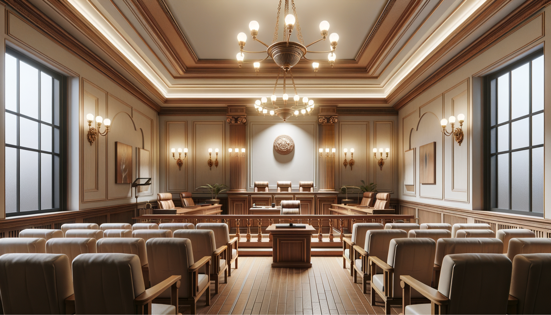 Empty courtroom with wooden paneling, large windows, and rows of beige chairs facing a judge's bench, decorated with chandeliers and wall sconces.