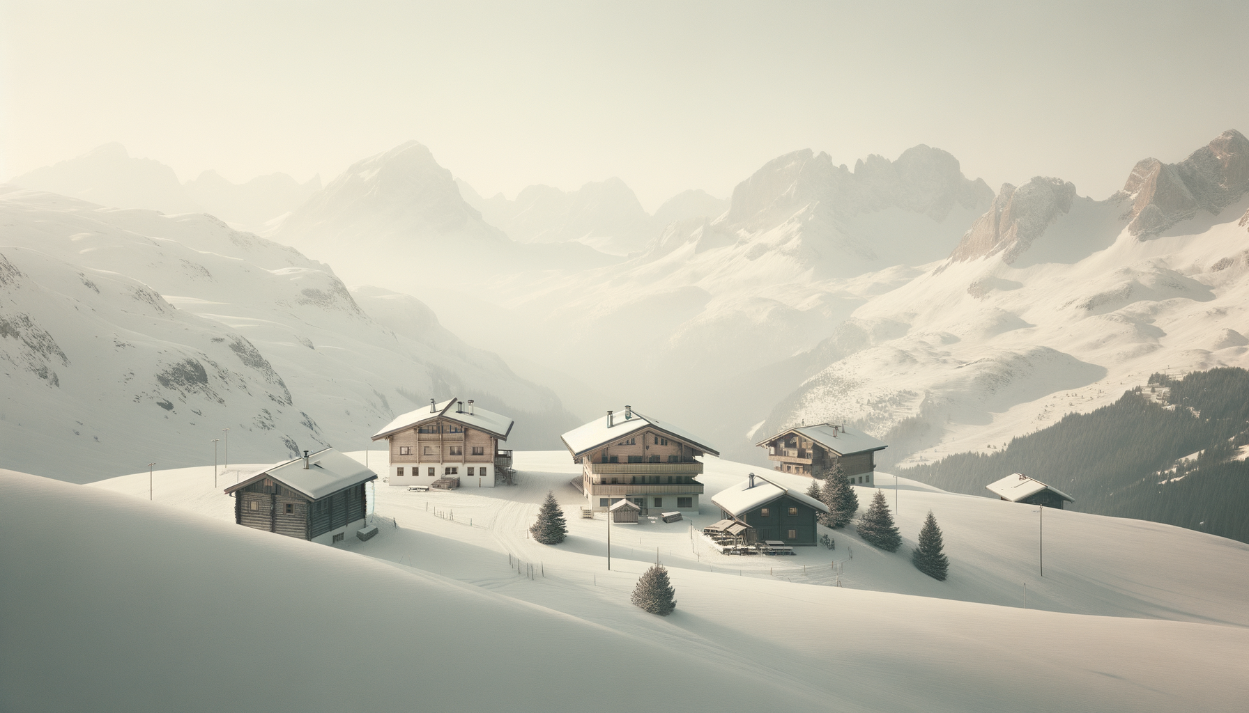 Snow-covered mountain village with several cabins and evergreen trees, surrounded by tall snow-capped peaks and a misty sky.