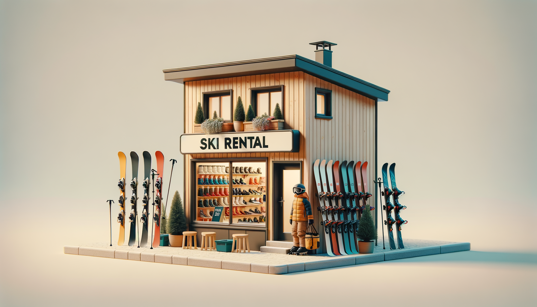 A small wooden building with a sign that says 'Ski Rental', displaying snowboards, skis, and boots outside, along with a person wearing ski gear standing at the entrance.