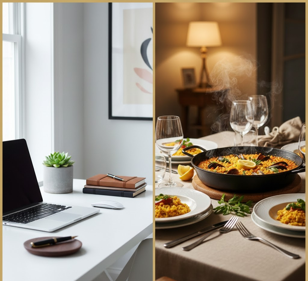 A happy family enjoying a meal together in a sunlit, high-end dining room, representing the time saved through Royal Blue’s premium domestic services.