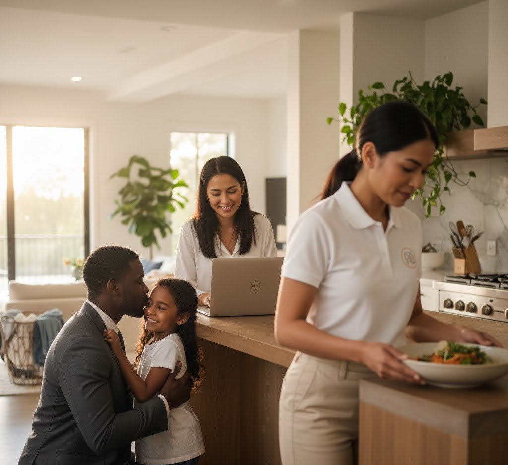 A professional Royal Blue service member discreetly maintaining a luxury Cincinnati home while a mother and child enjoy quality time, showcasing our seamless household management.