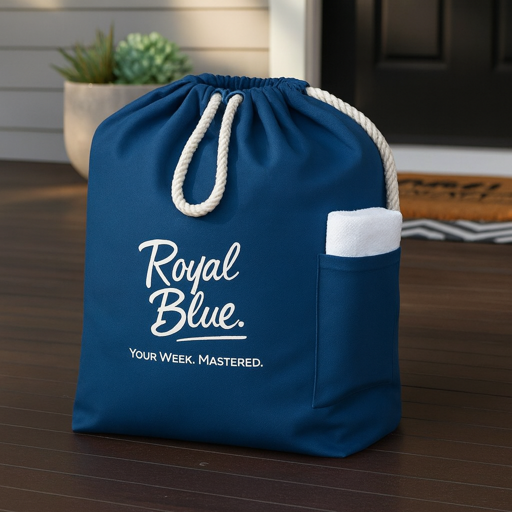 Our signature Royal Blue premium garment bag featuring a boutique wash and fold service for high-end wardrobe management in Cincinnati estates.