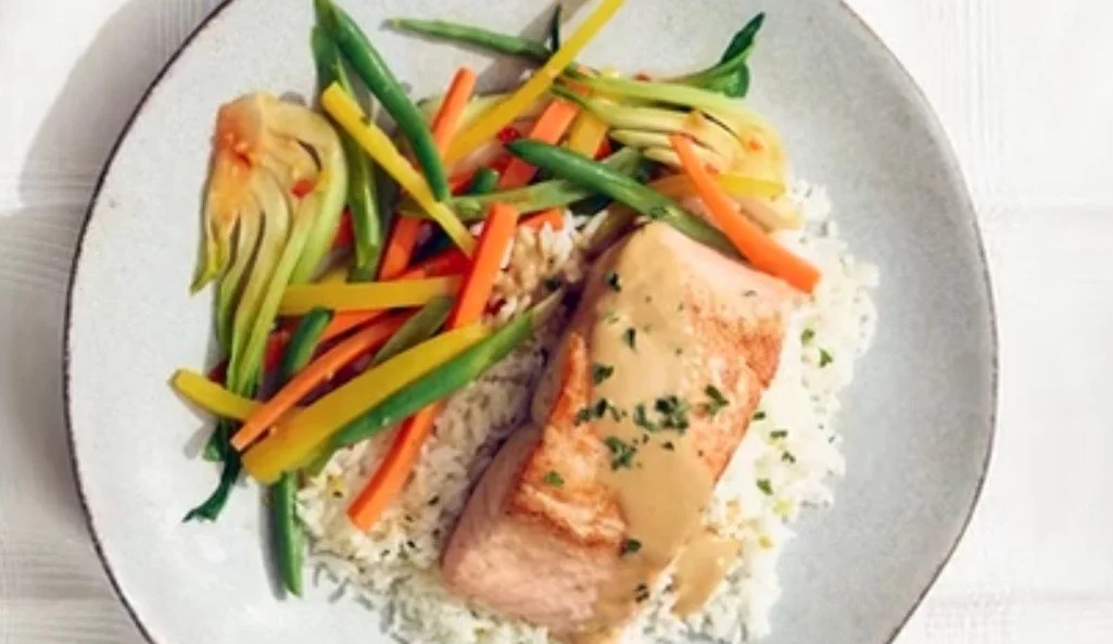 R.B. signature pan-seared salmon with ginger rice and local vegetables, a chef-prepared meal by Royal Blue Cincinnati.