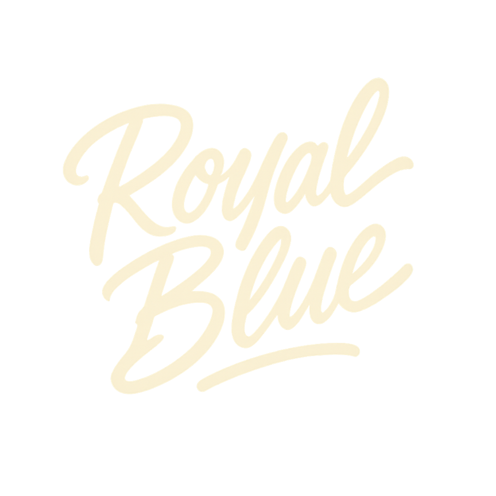 Royal Blue logo in cream cursive script with a translucent background for versatile