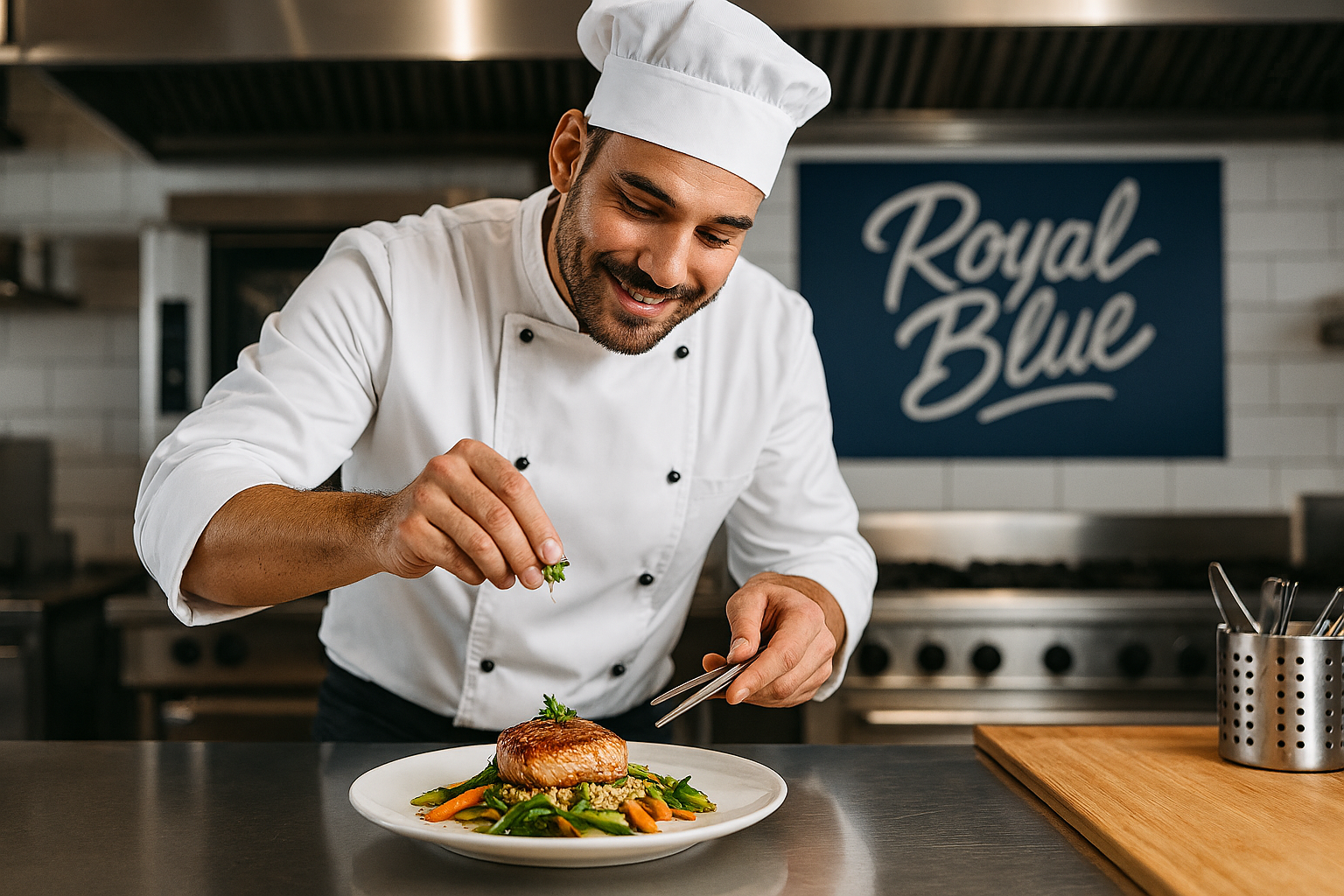 Chef preparing a gourmet meal in a commercial kitchen with Royal Blue branding displayed on signage in the background.