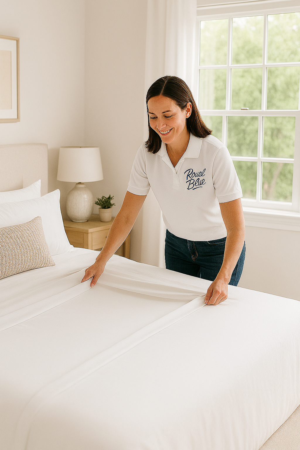 Woman wearing a white Royal Blue polo shirt neatly making a bed with crisp white sheets in a bright, pristine bedroom.
