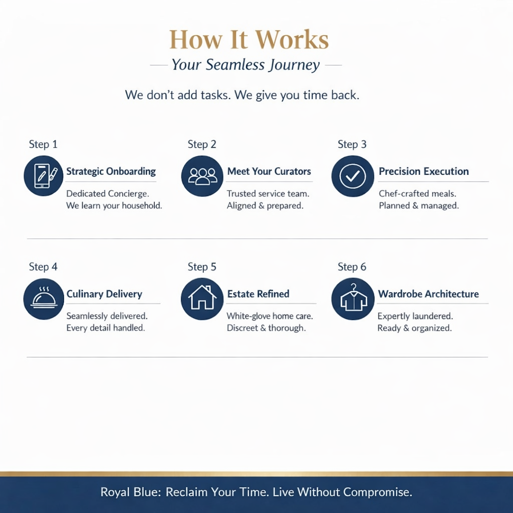 high-resolution infographic showing the Royal Blue service process, from app-based scheduling to professional estate cleaning, laundry care, and chef meal delivery in Cincinnati.
