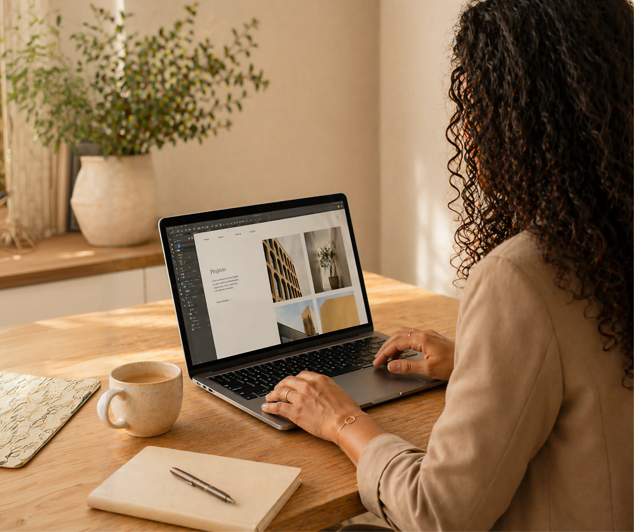 Woman with curly hair working on a laptop at a wooden desk, with a ceramic mug, notebook, and pen nearby, and a large potted plant in the background.