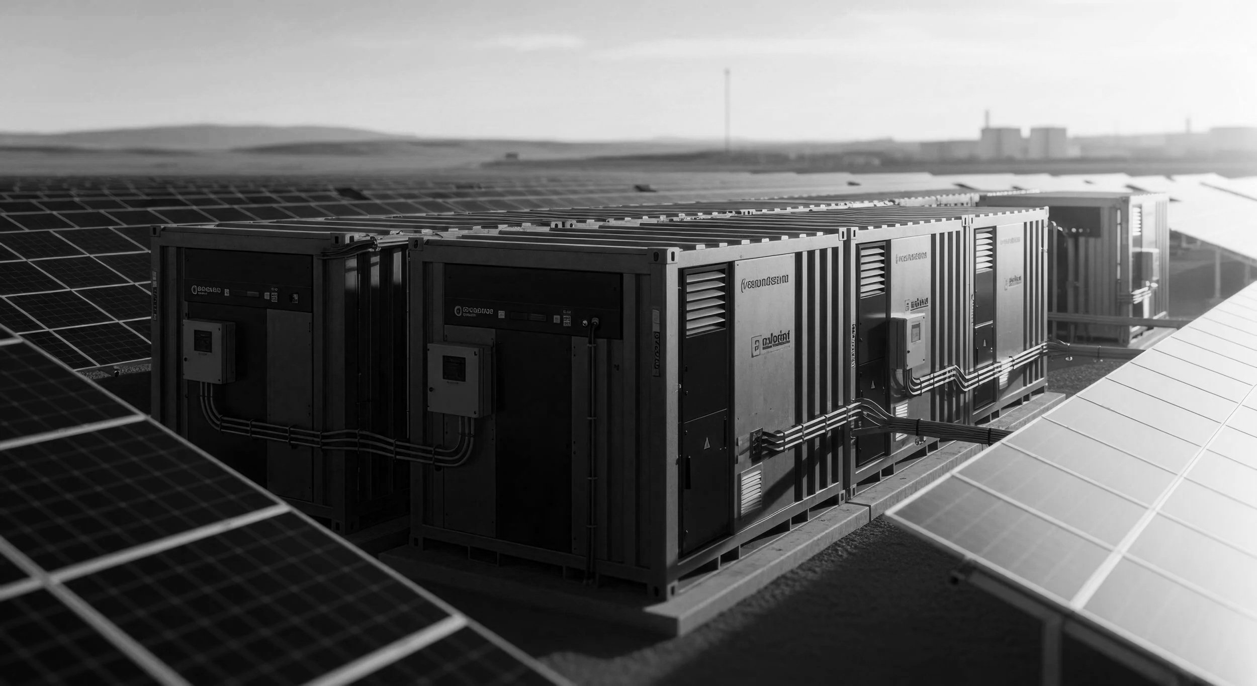 Black and white photo of a solar power installation with solar panels and centralized energy storage units.